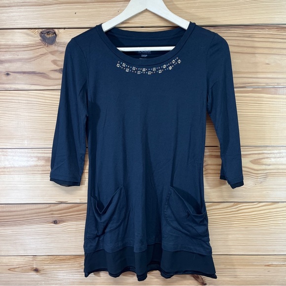 LOGO Lori Goldstein Shirt XXSP Petite Black Swing Satin Chiffon Trim Jewels - Picture 1 of 15